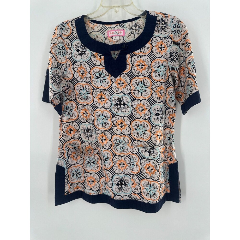 Koi Happiness Scrub Navy Blue Orange Mosaic Tile Medallion Geometric Size Small